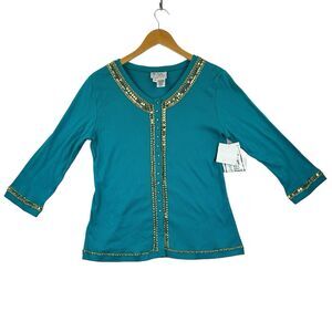 Faith Resortwear Cardigan Womens Sz M Teal Button Up Sweater Rhinestone Accents